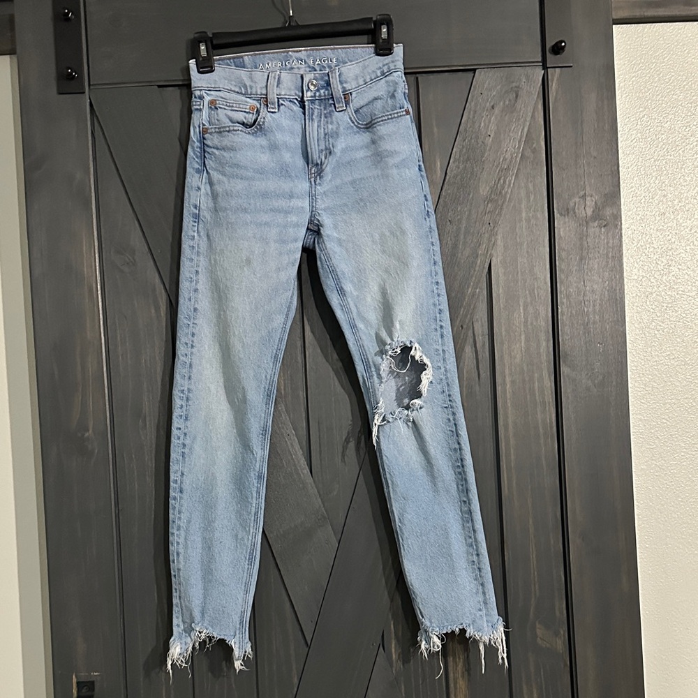 American Eagle Outfitters Ripped Light Blue Straight Leg Jeans